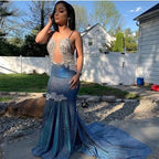 Blue Sequined Spaghetti-Straps Mermaid Long Prom Dress BM bride