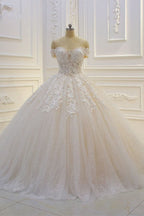 Off-the-Shoulder Sweetheart Ball Gown Wedding Dress with Sequin Lace Appliques BM bride