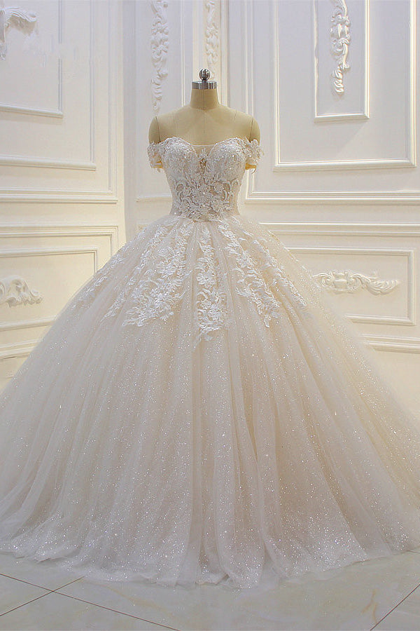 Off-the-Shoulder Sweetheart Ball Gown Wedding Dress with Sequin Lace Appliques BM bride