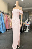 White Off-the-Shoulder Pleated Mermaid Prom Dress with Slit BM bride
