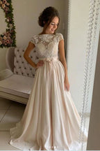 Long A-Line Jewel Neck Stretch Satin Lace Wedding Dress BM bride