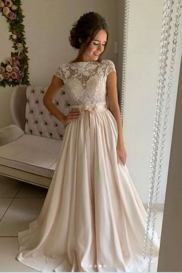 Long A-Line Jewel Neck Stretch Satin Lace Wedding Dress BM bride