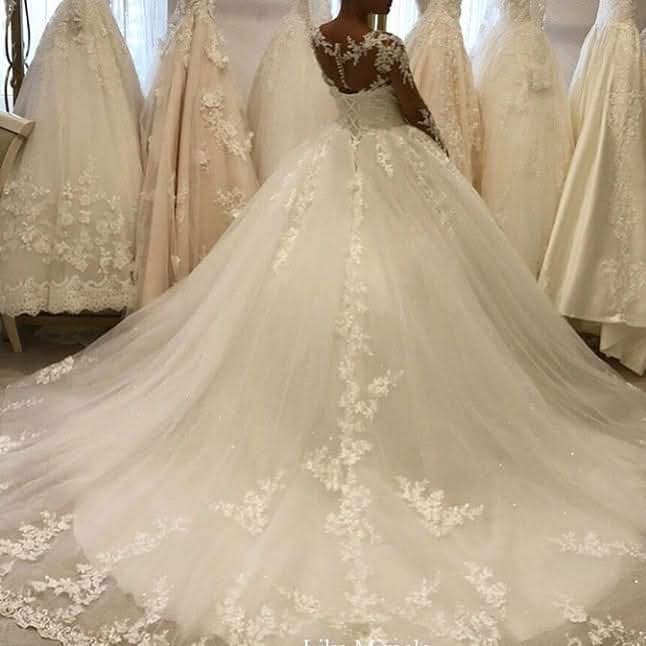 Bateau Long Sleeves A-Line Wedding Dress With Appliques Lace Ruffles Tulle BM bride