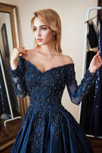 Long Sleeves Off the Shoulder Beadings Prom Dress Navy Lace With Appliques