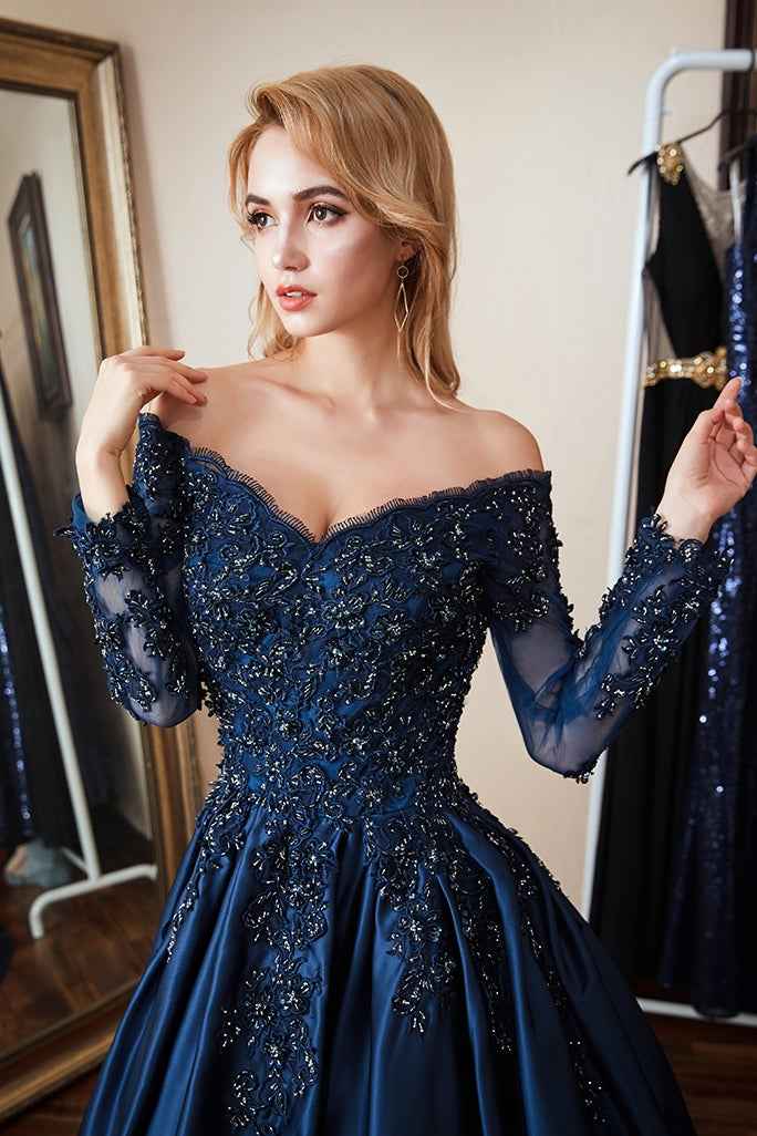 Long Sleeves Off the Shoulder Beadings Prom Dress Navy Lace With Appliques