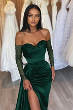 Black Prom Dress Sweetheart Short Sleeves with Pleated Slit BM bride