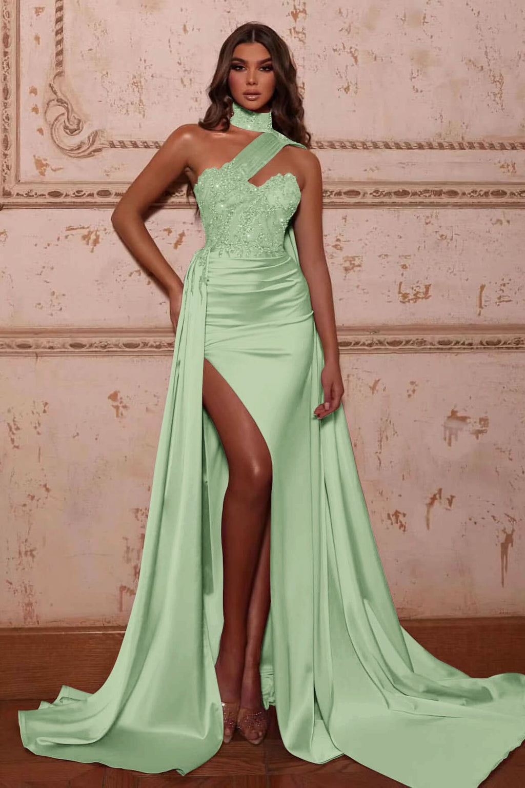 Mermaid Evening Dress with High Neck Split Beads and Ruffles BM bride