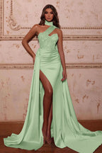 Mermaid Evening Dress with High Neck Split Beads and Ruffles BM bride