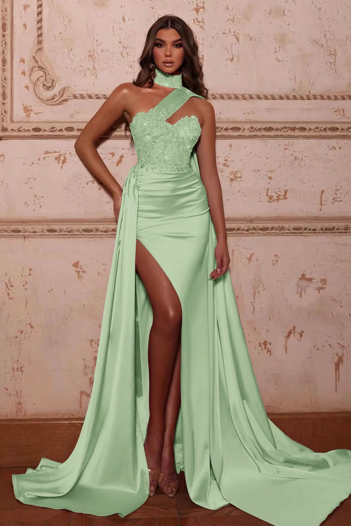 Mermaid Evening Dress with High Neck Split Beads and Ruffles BM bride