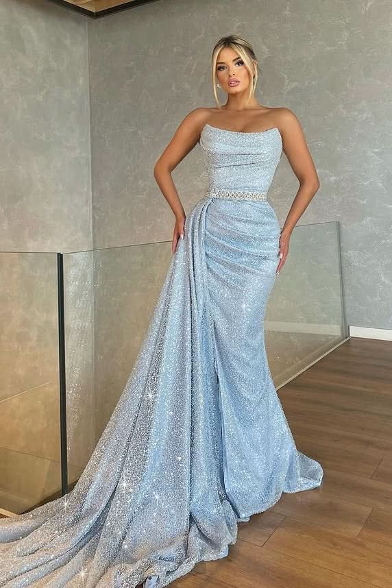 Baby Blue Strapless Sleeveless Mermaid Prom Dress with Beadings Sequins BM bride