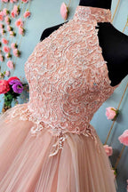 Sparkly Blush A-Line Short Tulle Homecoming Dress with Lace