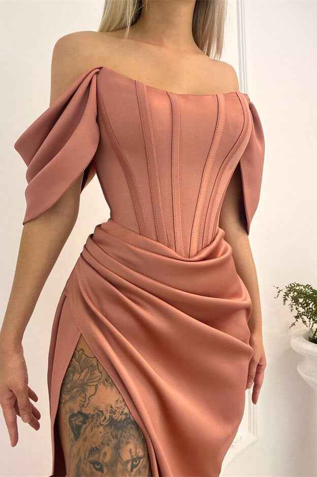 Chic Mermaid Sleeveless Off the Shoulder Long Pleated Prom Dress With Split
