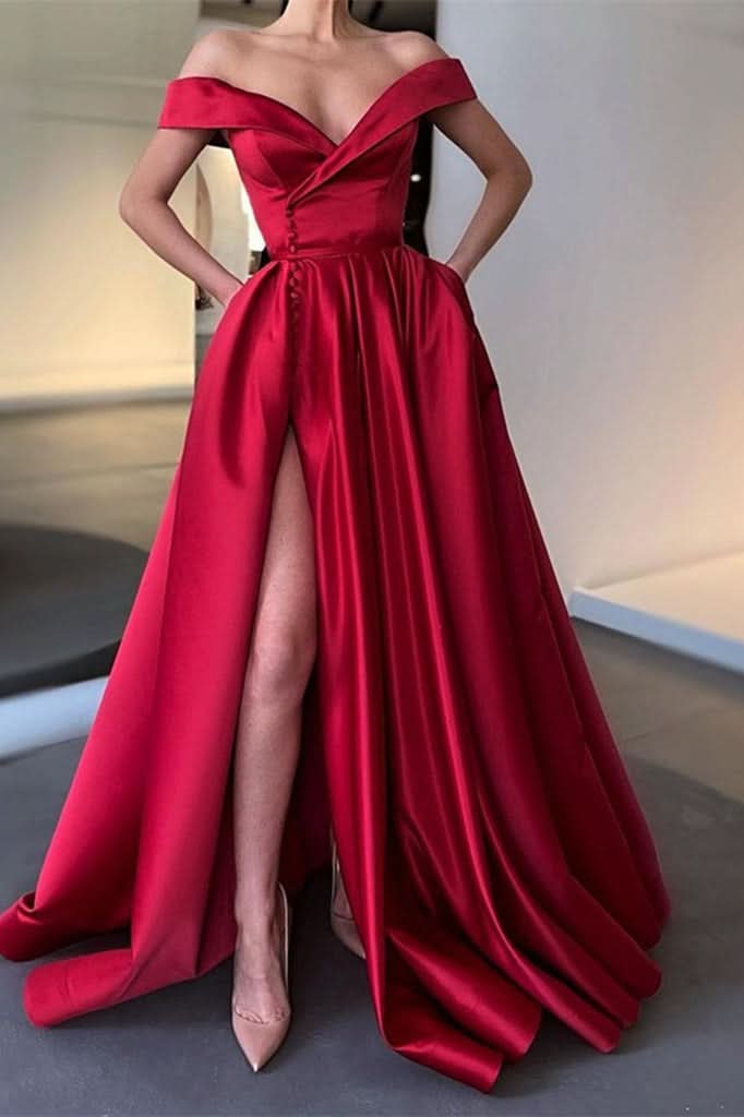 Off-the-Shoulder Long Split Prom Dress BM bride