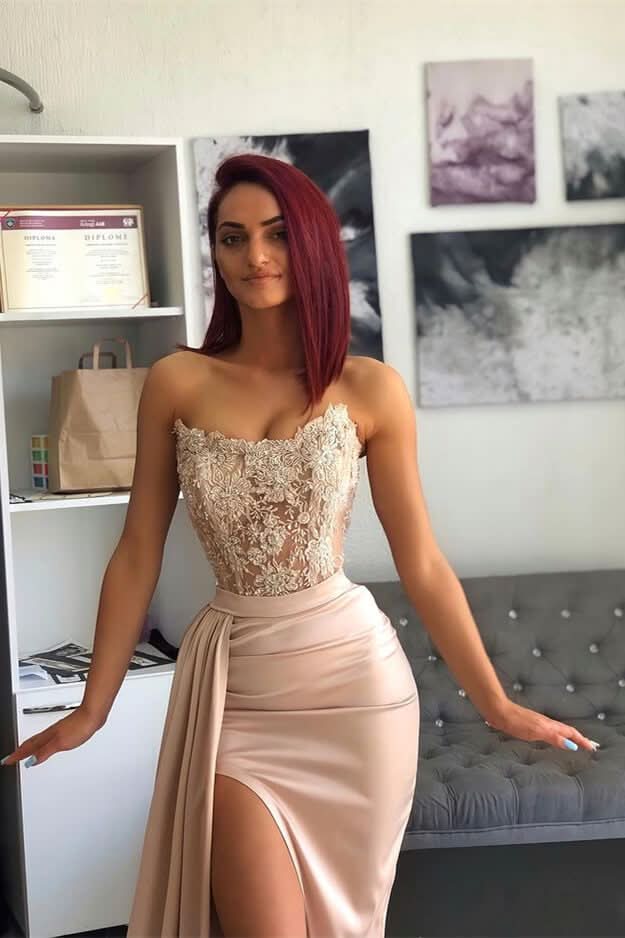 Chic Pink Evening Dress Prom Dress with Applique Belt and Slit BM bride