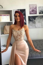 Chic Pink Evening Dress Prom Dress with Applique Belt and Slit BM bride
