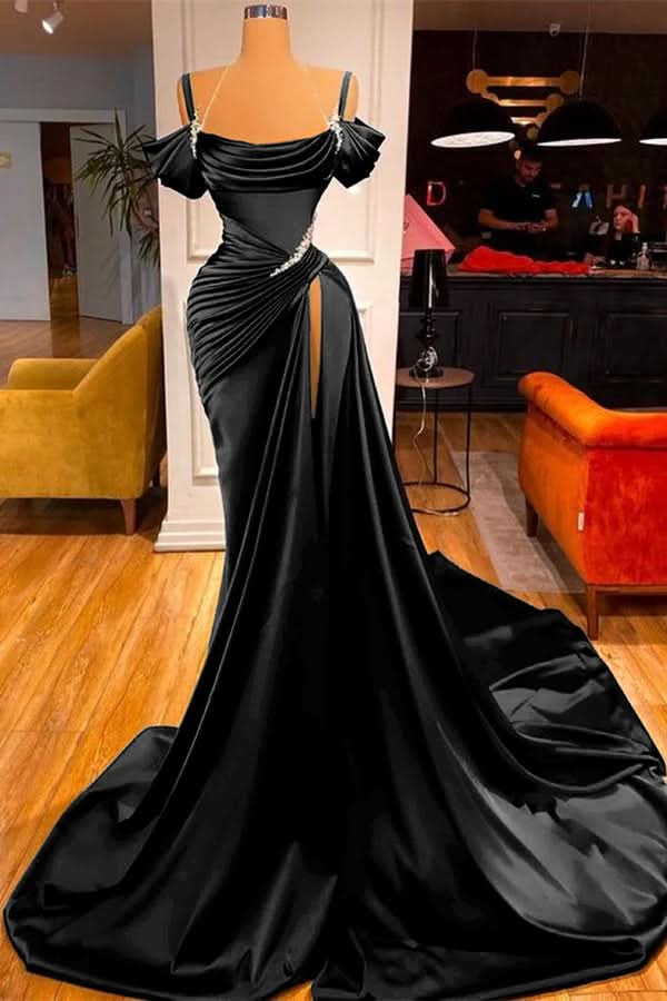 Green Off-the-Shoulder Prom Dress with Long Slit and Pleated Detail BM bride