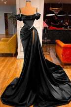 Green Off-the-Shoulder Prom Dress with Long Slit and Pleated Detail BM bride