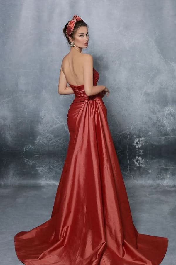 Blue Elegant Strapless Sleeveless Prom Dress with Slit Pleats BM bride