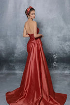 Blue Elegant Strapless Sleeveless Prom Dress with Slit Pleats BM bride