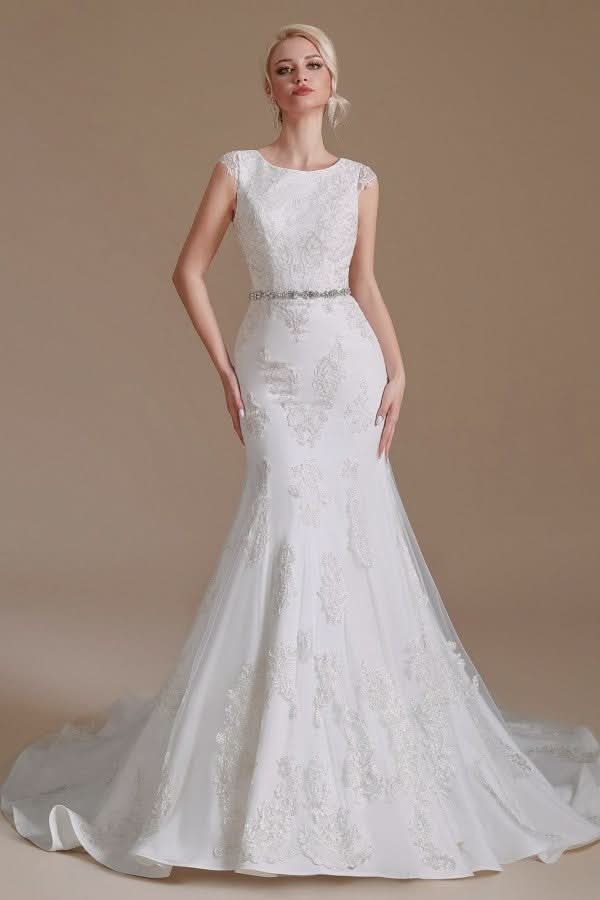 Mermaid Jewel Neck Long Wedding Dress with Tulle Lace BM bride