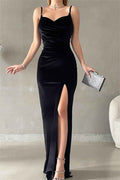 Black Velvet Spaghetti Strap Sleeveless Pleated Long Prom Dress With Split