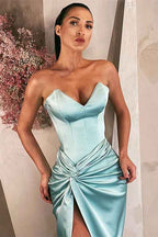 Long Strapless Sleeveless V Neck Sky Blue Pleated Prom Dress With High Split