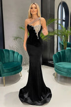 Black One-Shoulder Mermaid Long Prom Dress with Rhinestones BM bride
