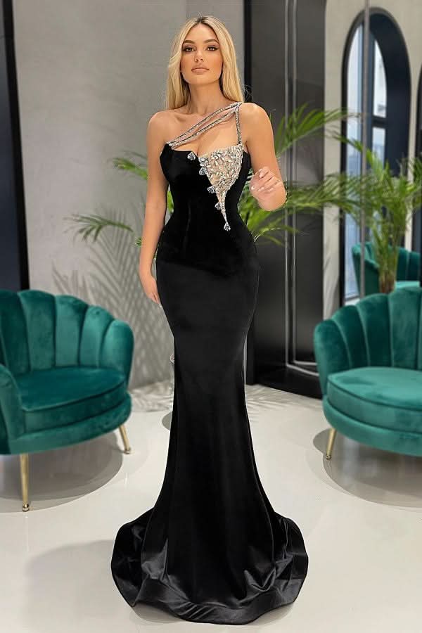 Black One-Shoulder Mermaid Long Prom Dress with Rhinestones BM bride