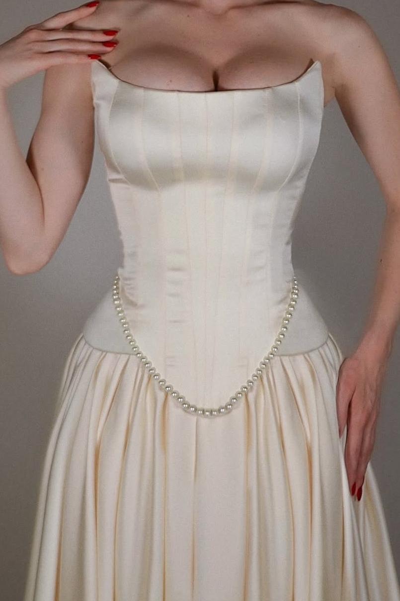 Strapless Sleeveless Long A Line Prom Dress With Pleated Beading BMBRIDE