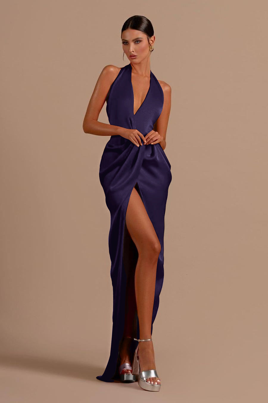 Red Halter Sleeveless Backless Long Prom Dress With Front Split BMBRIDE
