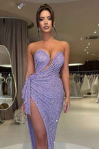 Chic Sequins Sweetheart Sleeveless Pleated Long Prom Dress With High Split