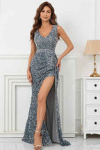 Sliver V Neck Mermaid Sleeveless Prom Dress With Split Sequins