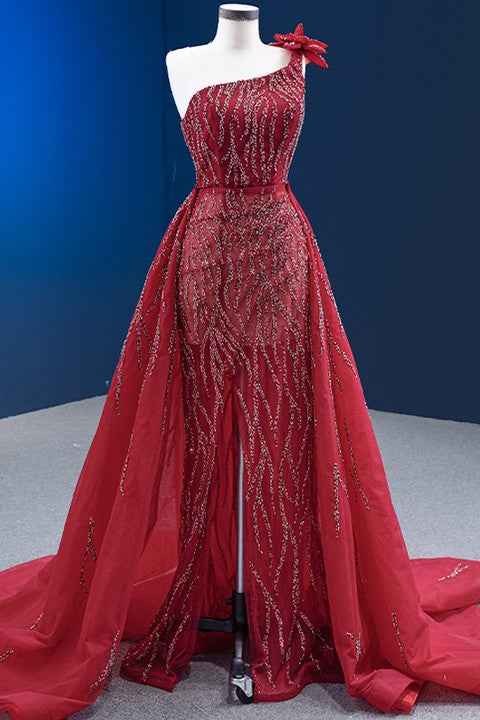 Red One Shoulder Mermaid Prom Dress Split With Ruffles Flower Appliques