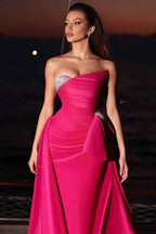 Fuchsia Sleeveless Strapless Long Prom Dress With Pleated Beading
