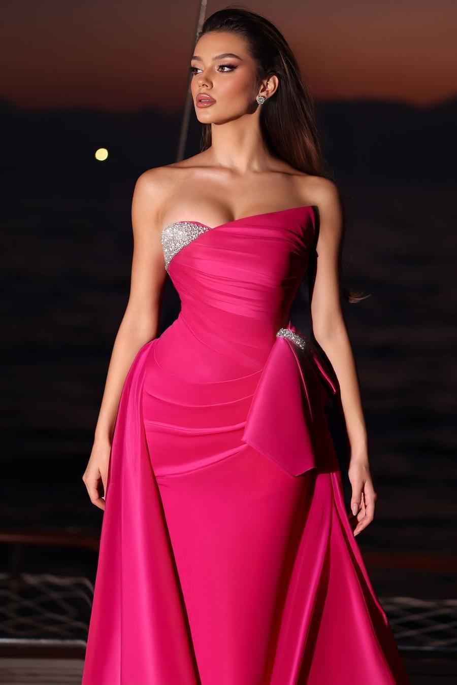 Fuchsia Sleeveless Strapless Long Prom Dress With Pleated Beading