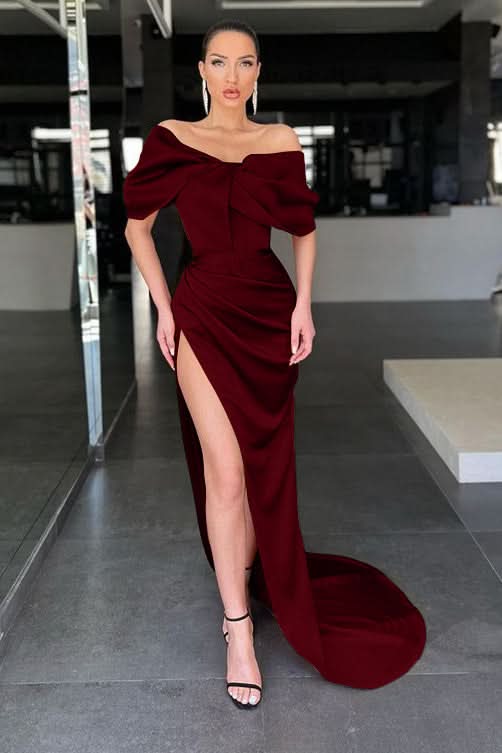 Burnt Orange Off-the-Shoulder Mermaid Prom Dress with Split BM bride