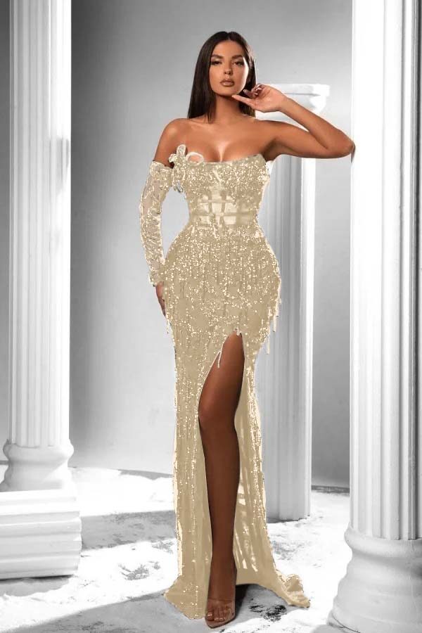 Strapless Long Sleeve High Split Long Prom Dress With Appliques BMBRIDE