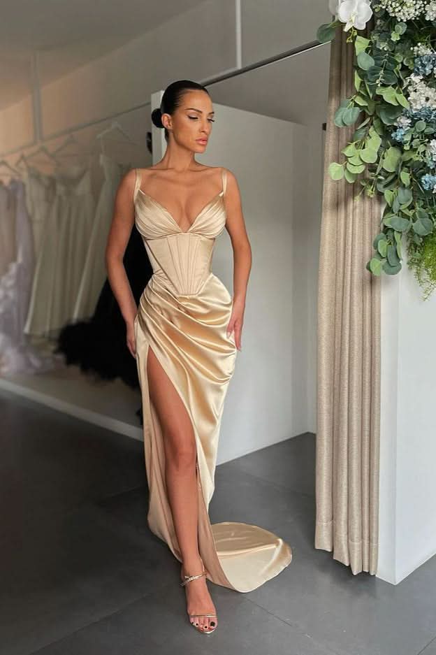 V-Neck Split Sleeveless Prom Dress BM bride