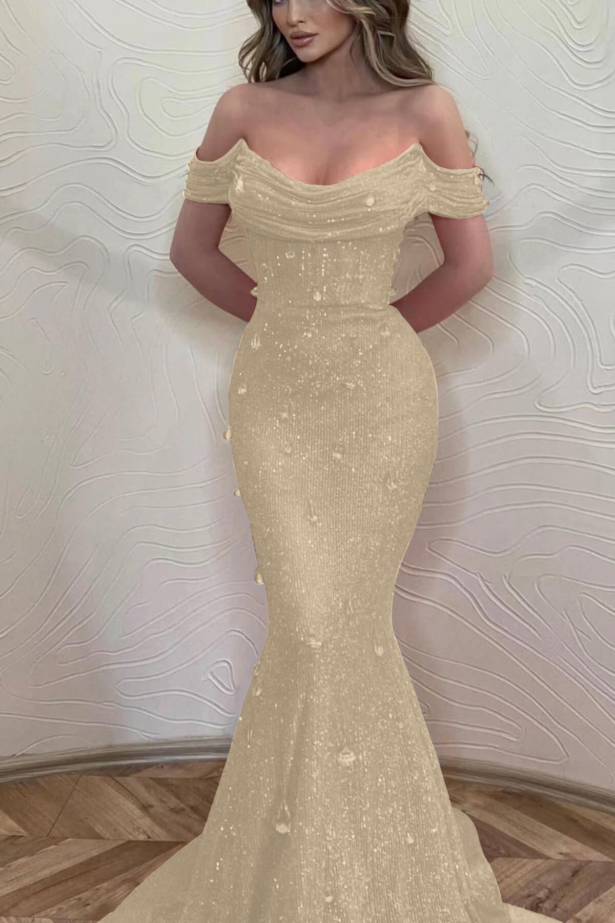 Orange Off the Shoulder Strapless Sleeveless Prom Dress With Sequins Mermaid BMBRIDE