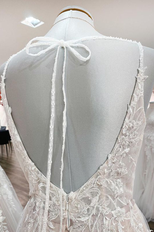 Long A-line V-neck Backless Wedding Dress With Ruffles BM bride