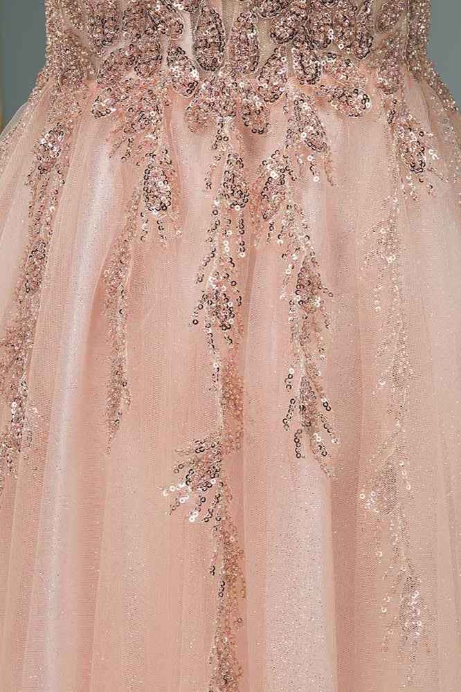 Spaghetti Strap V Neck Sleeveless Prom Dress With Beading Appliques