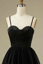 Black Tulle A-line Midi Simple Prom Dress