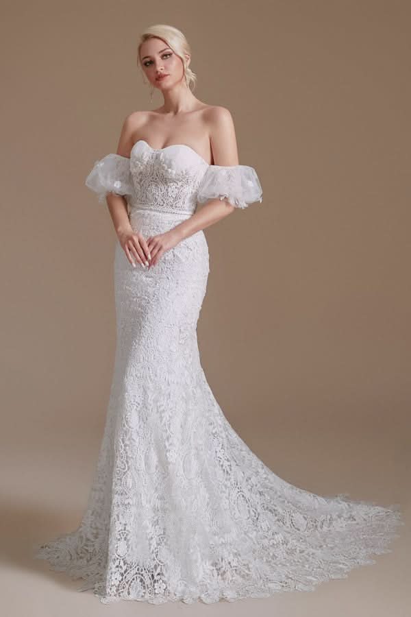 Long Mermaid Sweetheart Lace Wedding Dress with Detachable Sleeves BM bride