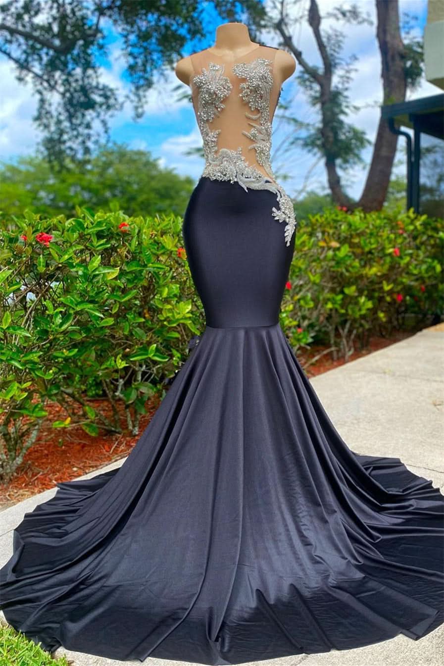 Classic Black Sleeveless Strapless Applique Mermaid Prom Dress BM bride