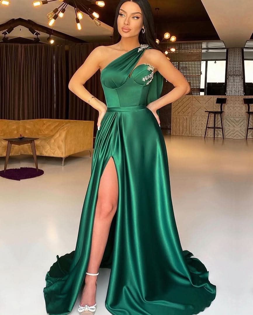Dark Green One-Shoulder Mermaid Evening Dress with Split and Beadings BM bride