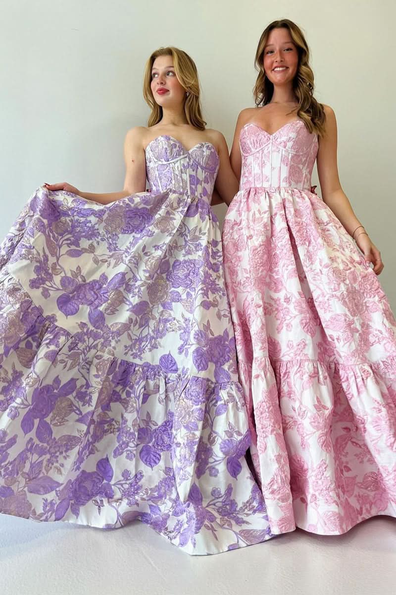 Stunning A-Line Sweetheart Floral Printed Long Prom Dress BM bride