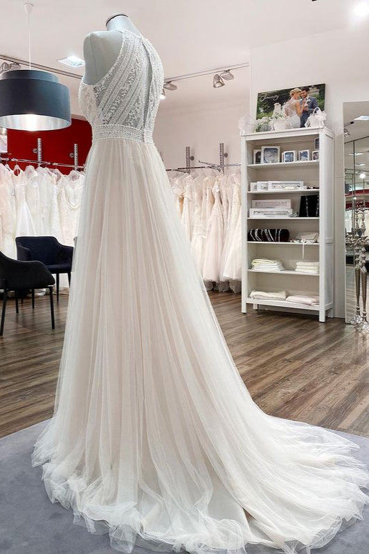 Long A-Line Halter Backless Wedding Dress with Tulle Lace BM bride