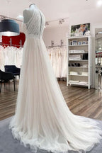 Long A-Line Halter Backless Wedding Dress with Tulle Lace BM bride