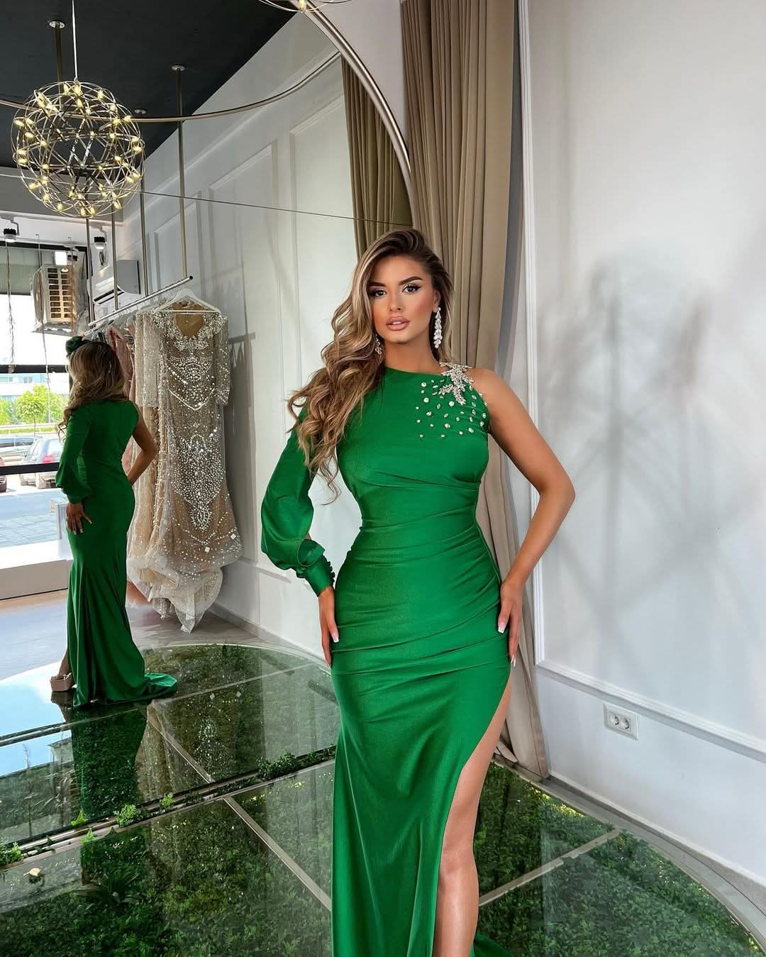 Green Satin One-Shoulder Prom Dress with Slit, Rhinestones, and Appliques BM bride