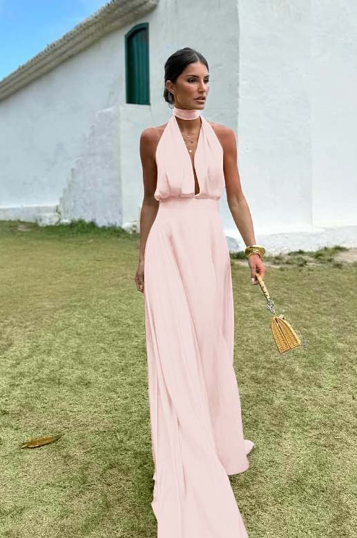 Charming Sleeveless Halter V Neck Long Prom Dress With Pleated BMBRIDE